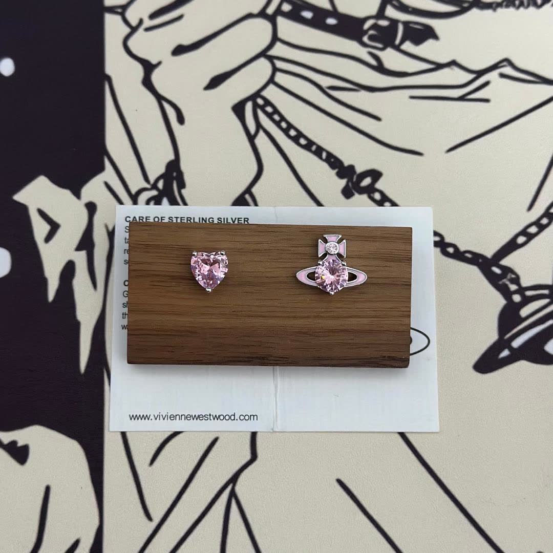 Vivienne Westwood Gold Plated Round and Heart Shaped Stud Earrings with Clear Stones